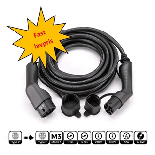 Ladekabel 5m T2-T2 uttak 32A/3-fas 22kw Mode 3, TPU, GRATIS FRAKT