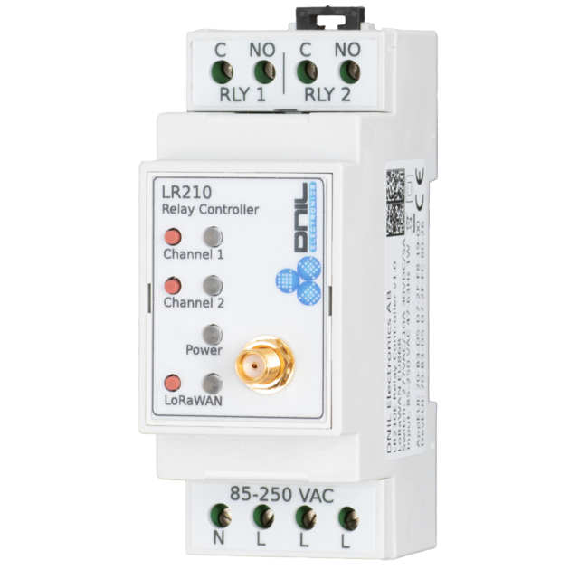 DNIL LR210E LoRa Rele-kontroller 2 kanaler, 230V AC, SMA-antennekontakt 