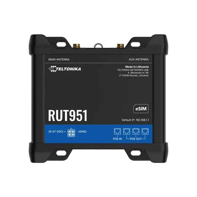Teltonika RUT951 4G-ruter PoE+ 62W eSIM 4G Cat4, WiFi4, I/O, 2SIM/eSIM, 62W PSU 