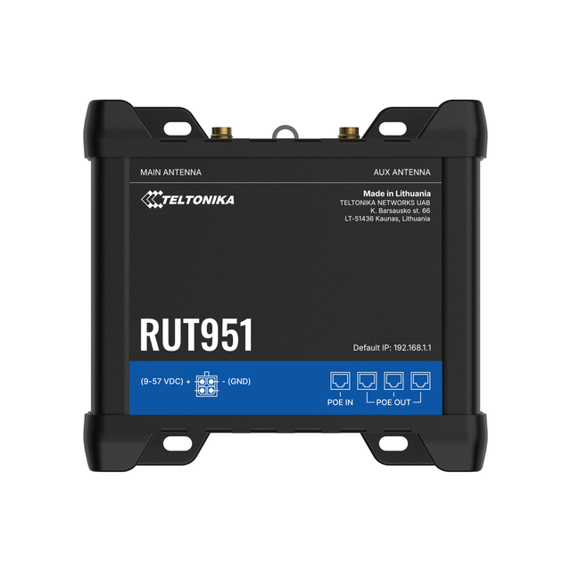 Teltonika RUT951 4G-ruter PoE+ u/PSU 4G Cat4, 4x100MbE, WiFi4, I/O, 2 SIM 