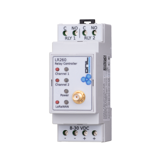 DNIL LR260E LoRa Rele-kontroller 2 kanaler, 8-30V DC, SMA-antennekontakt 
