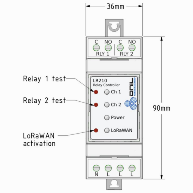 DNIL LR210I LoRa Rele-kontroller 2 kanaler, 230V AC, intern antenne 