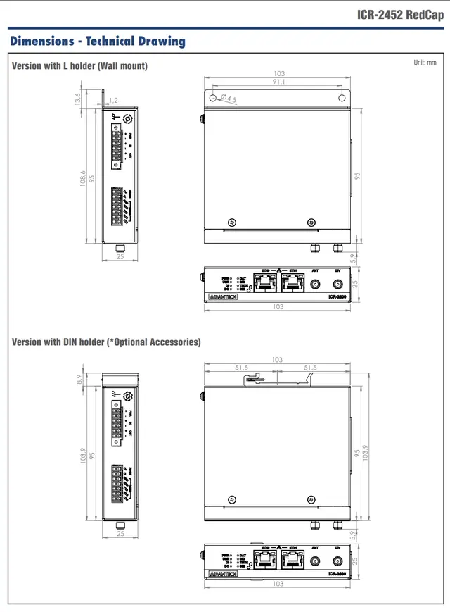 Advantech ICR-2452G 5G-ruter RedCap 2xEth, 2xSIM, RS232, RS485, I/O, GNSS 