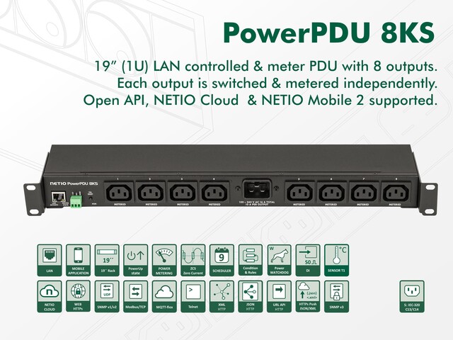 Netio PowerPDU 8KS nettstyrt strøm 8 stk  IEC-320 C13, 1xLAN, 19" 
