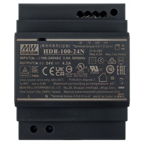 Industriell str&#248;mforsyning100W/24V HDR-100+24N,4,2A 24W, Mean Well