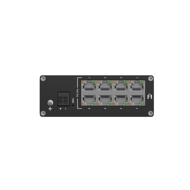 Teltonika TSW040 industriel PoE+l switch 8x 10/100 Mbps, med integrert DIN-skinne 