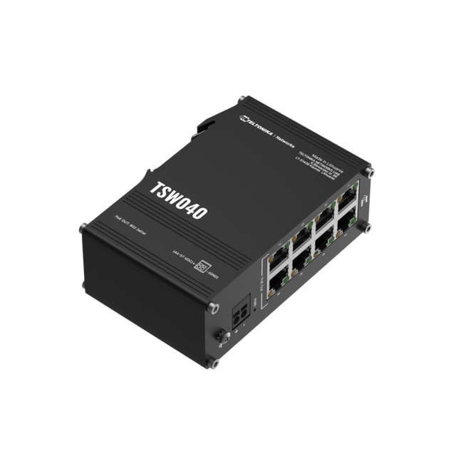 Teltonika TSW040 industriel PoE+l switch 8x 10/100 Mbps, med integrert DIN-skinne 