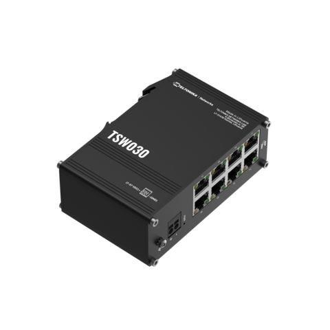 Teltonika TSW030 industriell switch 8x 10/100 Mbps, med integrert DIN-skinne