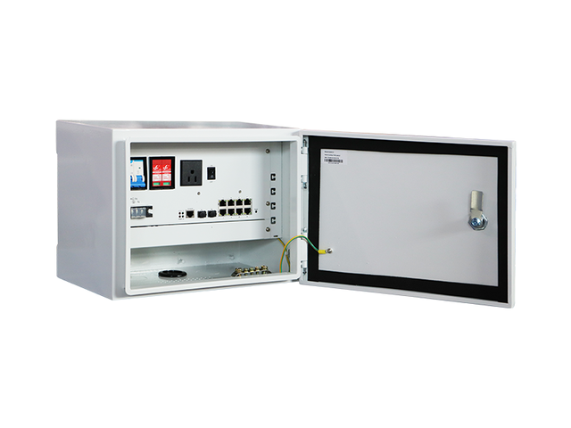 PoE-skap, 10-port GbE, 8 PoE, 2 SFP 240W strømforsyning, 48V/5.2 Ah batteri 