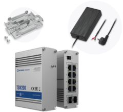 Pakke for 8x PoE+, 250W PSU, DIN feste Bundel Teltonika TSW200 m/ PSU og DIN