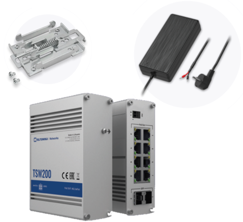 Pakke for 8x PoE+, 250W PSU, DIN feste Bundel Teltonika TSW200 m/ PSU og DIN