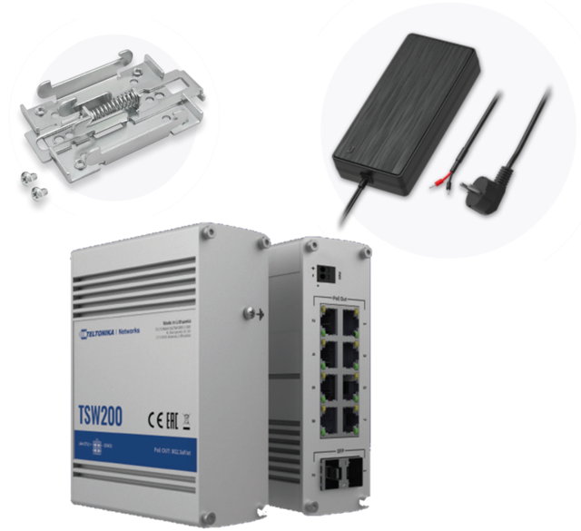Pakke for 8x PoE+, 250W PSU, DIN feste Bundel Teltonika TSW200 m/ PSU og DIN 