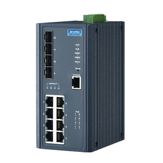 Advantech switch EKI-7712G-4FI 8xGE | 4xSFP | DIN | Utvidet temp 